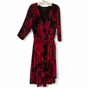 Dark Floral Red & Black Connected Apparel Sheer Sleeve Wrap Dress
